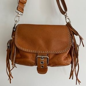 Vintage Roots Tan Pebbled Leather Fringe Multi Pocket Handbag